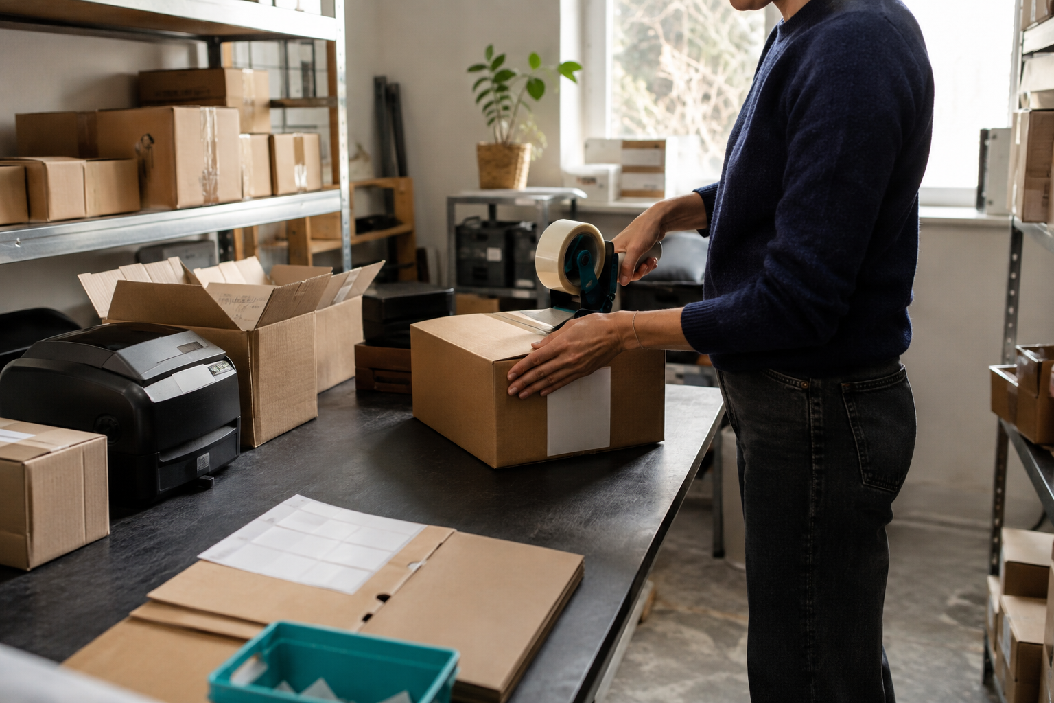Medewerker die een pakket afwerkt aan een praktische inpaktafel