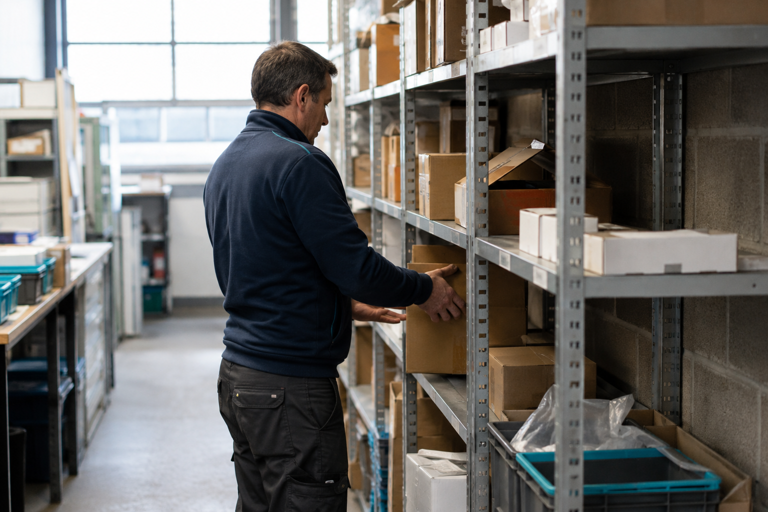 Medewerker die een order verzamelt in een magazijn op kmo-schaal